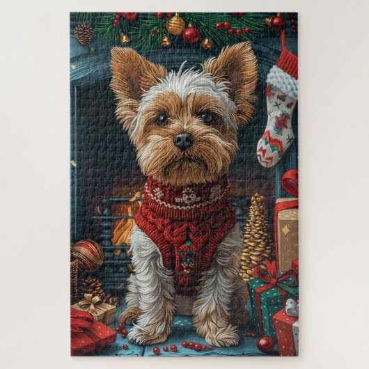 Biewer Terrier Dog mit Weihnachtsgeschenken Feuerp Puzzle (Vertikal)
