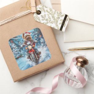 Biewer Terrier Dog Riding Motorrad Weihnachten Quadratischer Aufkleber
