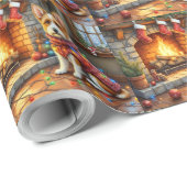 Biewer Terrier Fireplace with Christmas Lights Geschenkpapier (Rolleneckpunkt)