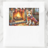 Biewer Terrier Fireplace with Christmas Lights Rechteckiger Aufkleber (Tasche)