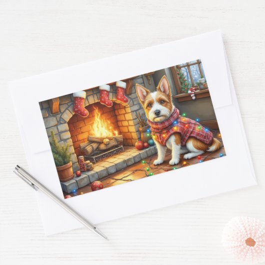 Biewer Terrier Fireplace with Christmas Lights Rechteckiger Aufkleber (Umschlag)