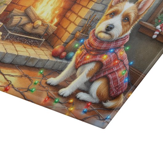 Biewer Terrier Fireplace with Christmas Lights Schneidebrett (Ecke)