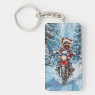 Biewer Terrier Hund fährt Motorrad Weihnachten Schlüsselanhänger
