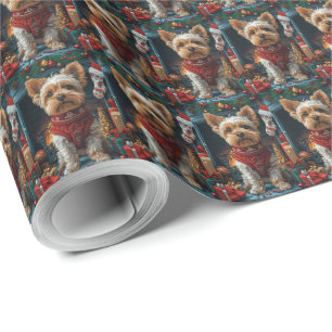 Biewer Terrier Hund mit Weihnachtsgeschenken Kamin Geschenkpapier