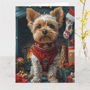 Biewer Terrier Hund mit Weihnachtsgeschenken Kamin Karte
