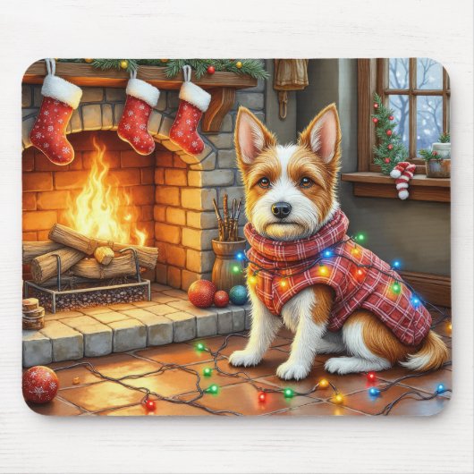 Biewer Terrier Kamin mit Weihnachtslichtern Mousepad (Vorne)
