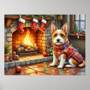 Biewer Terrier Kamin mit Weihnachtslichtern Poster