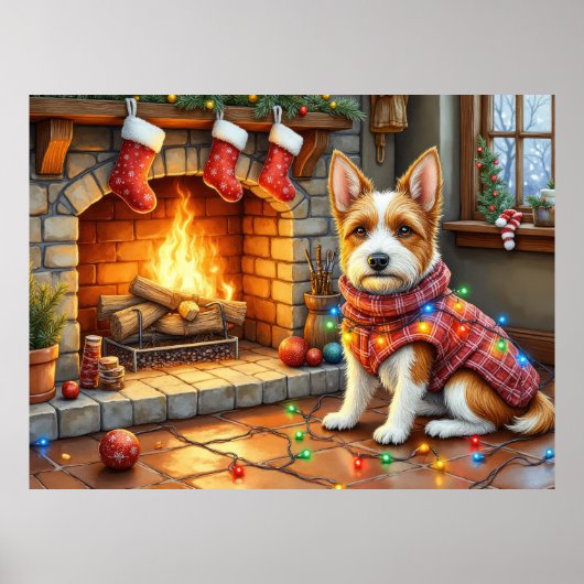 Biewer Terrier Kamin mit Weihnachtslichtern Poster (Vorne)