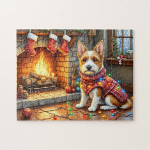 Biewer Terrier Kamin mit Weihnachtslichtern Puzzle