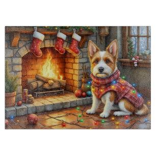 Biewer Terrier Kamin mit Weihnachtslichtern Schneidebrett