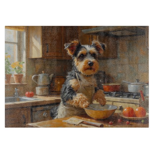 Biewer Terrier Kochen in der Küche Schneidebrett (Vorderseite)