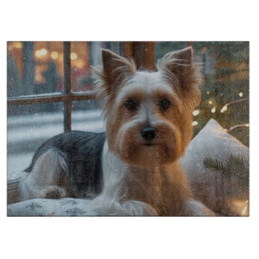 Biewer Terrier mit Weihnachtslichtern Feiertag Schneidebrett (Vorderseite)