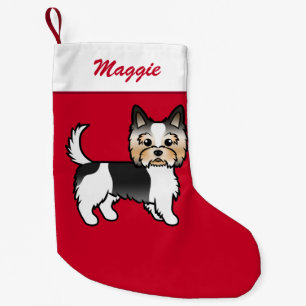 Biewer Terrier Niedlich Cartoon Dog auf Rot & Name Kleiner Weihnachtsstrumpf