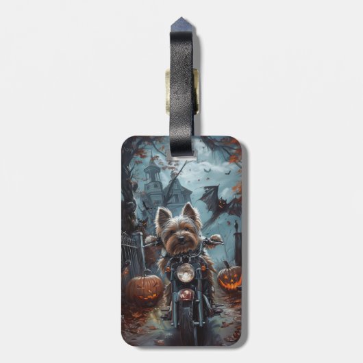 Biewer Terrier Riding Motorrad Halloween Beängstig Gepäckanhänger (Rückseite vertikal)