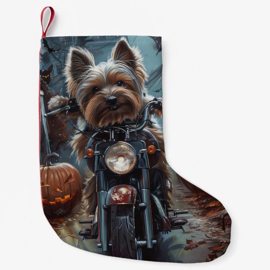 Biewer Terrier Riding Motorrad Halloween Beängstig Kleiner Weihnachtsstrumpf (Vorderseite)