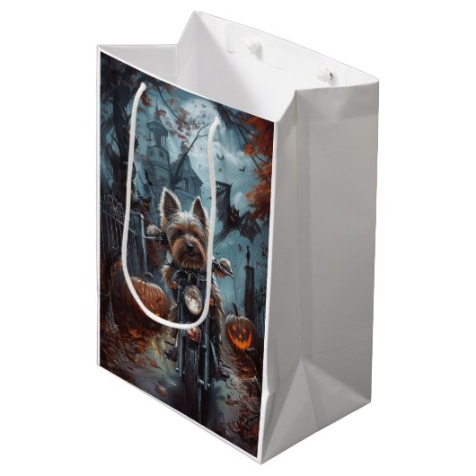Biewer Terrier Riding Motorrad Halloween Beängstig Mittlere Geschenktüte (Vorderseite Schrägansicht)