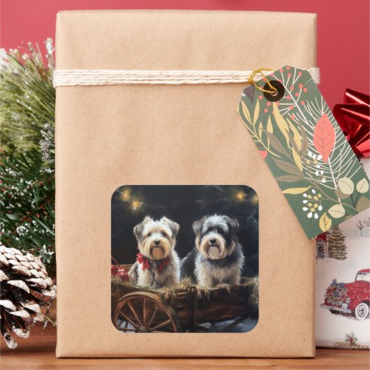 Biewer Terrier Snowy Sleigh Weihnachtsdekor Quadratischer Aufkleber (Feiertag)