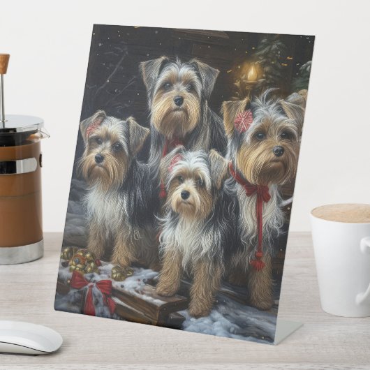 Biewer Terrier Snowy Sleigh Weihnachtsdekor Sockelschild (In Situ)