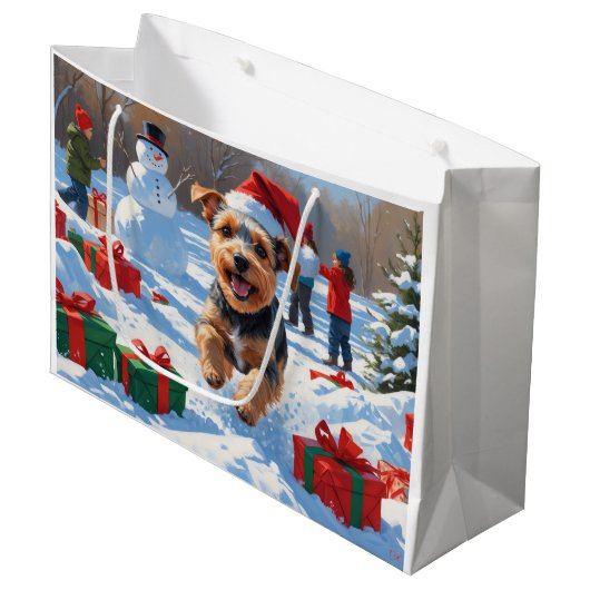 Biewer Terrier Weihnachtsfest-Schneeszene Große Geschenktüte (Vorderseite Schrägansicht)