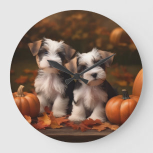 Biewer Terrier Welpe Herbstfreude Kürbis  Große Wanduhr