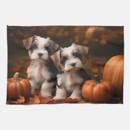 Biewer Terrier Welppy Autumn Delight Pumpkin Geschirrtuch (Horizontal)