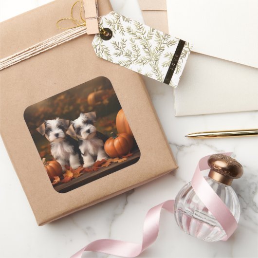 Biewer Terrier Welppy Autumn Delight Pumpkin Quadratischer Aufkleber (Schenken)