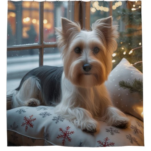 Biewer Terrier With Christmas Lights Holiday Duschvorhang (Vorderseite)