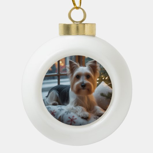 Biewer Terrier With Christmas Lights Holiday Keramik Kugel-Ornament (Vorderseite)