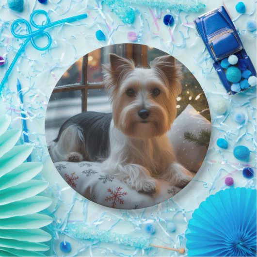 Biewer Terrier With Christmas Lights Holiday Pappteller (Party)