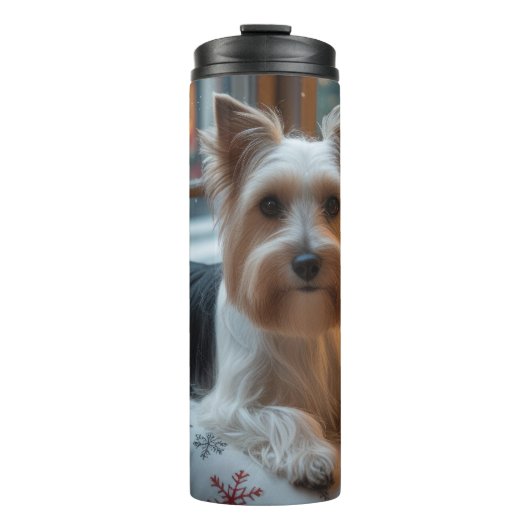 Biewer Terrier With Christmas Lights Holiday Thermosbecher (Vorderseite)