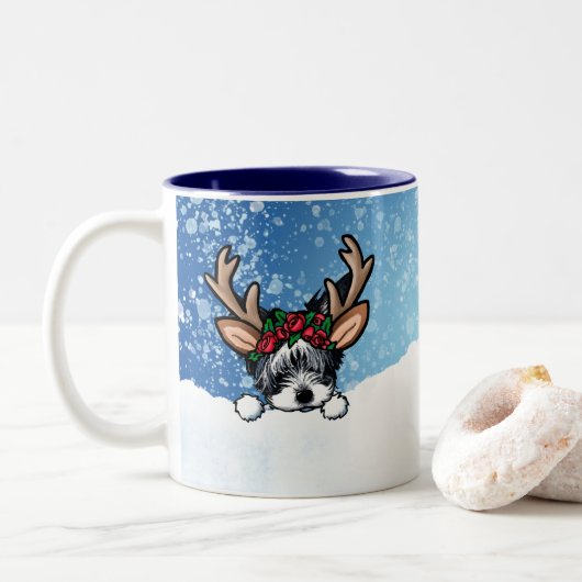 Biewer Yorkie Reindeer Christmas Zwei-Tone-Tasse Zweifarbige Tasse (Mit Donut)