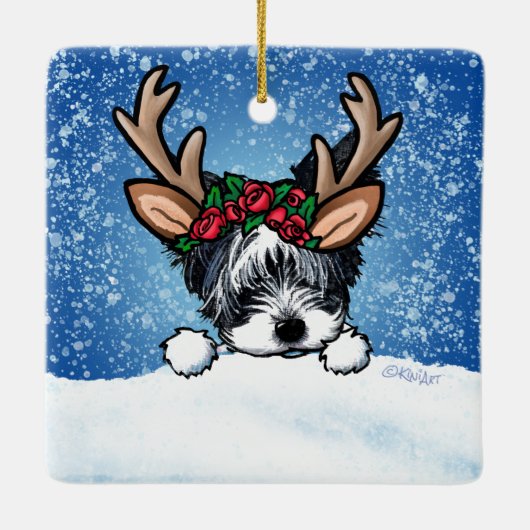 Biewer Yorkie Reindeer Keramik Ornament (Rückseite)