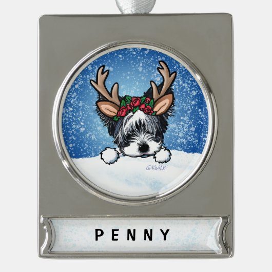 Biewer Yorkie Reindeer Weihnachtsschmuck Banner-Ornament Silber (Vorderseite)