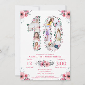 Big 10. Geburtstag Girl Foto Collage Pink Blume Einladung
