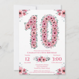 Big 10. Geburtstag Green Foliage Girl Pink Blume Einladung