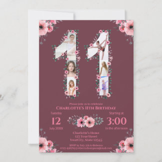 Big 11. Geburtstag Girl Foto Collage Pink Blume Einladung