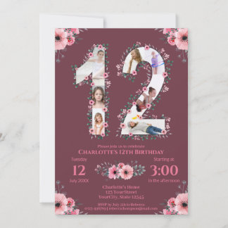 Big 12. Geburtstag Girl Foto Collage Pink Blume Einladung