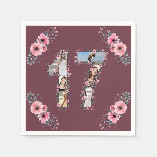 Big 17. Geburtstag Girl Blume FotoCollage Serviette (Vorderseite)