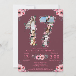 Big 17. Geburtstag Girl Foto Collage Pink Blume Einladung