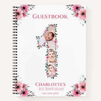 Big 1 Birthday Girl Foto Pink Blume Gästebuch Notizblock