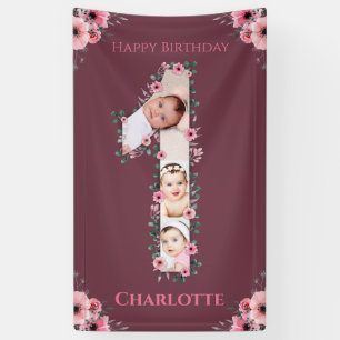 Big 1. Geburtstag Girl Foto Collage Pink Blume Banner