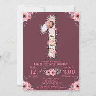 Big 1. Geburtstag Girl Foto Collage Pink Blume Einladung