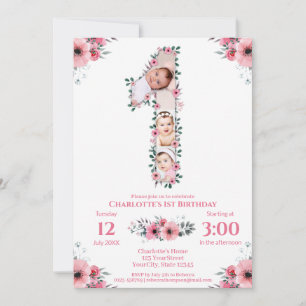 Big 1. Geburtstag Girl Foto Collage Pink Blume Einladung