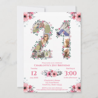 Big 21. Geburtstag FotoCollage Pink Blume Weiß Einladung