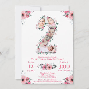 Big 2. Geburtstag Girl Foto Collage Pink Blume Einladung