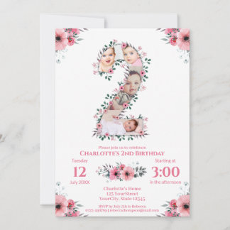 Big 2. Geburtstag Girl Foto Collage Pink Blume Einladung