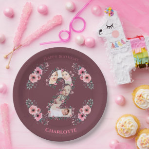 Big 2. Geburtstag Girl Foto Collage Pink Blume Pappteller