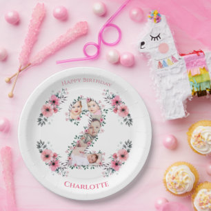 Big 2. Geburtstag Girl Foto Collage Pink Blume Pappteller