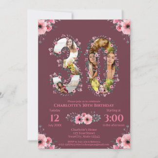 Big 30. Geburtstag Foto Collage Pink Blume Frau Einladung