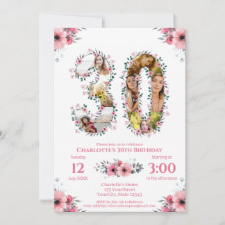 Big 30. Geburtstag Foto Collage Pink Blume Weiß Einladung
